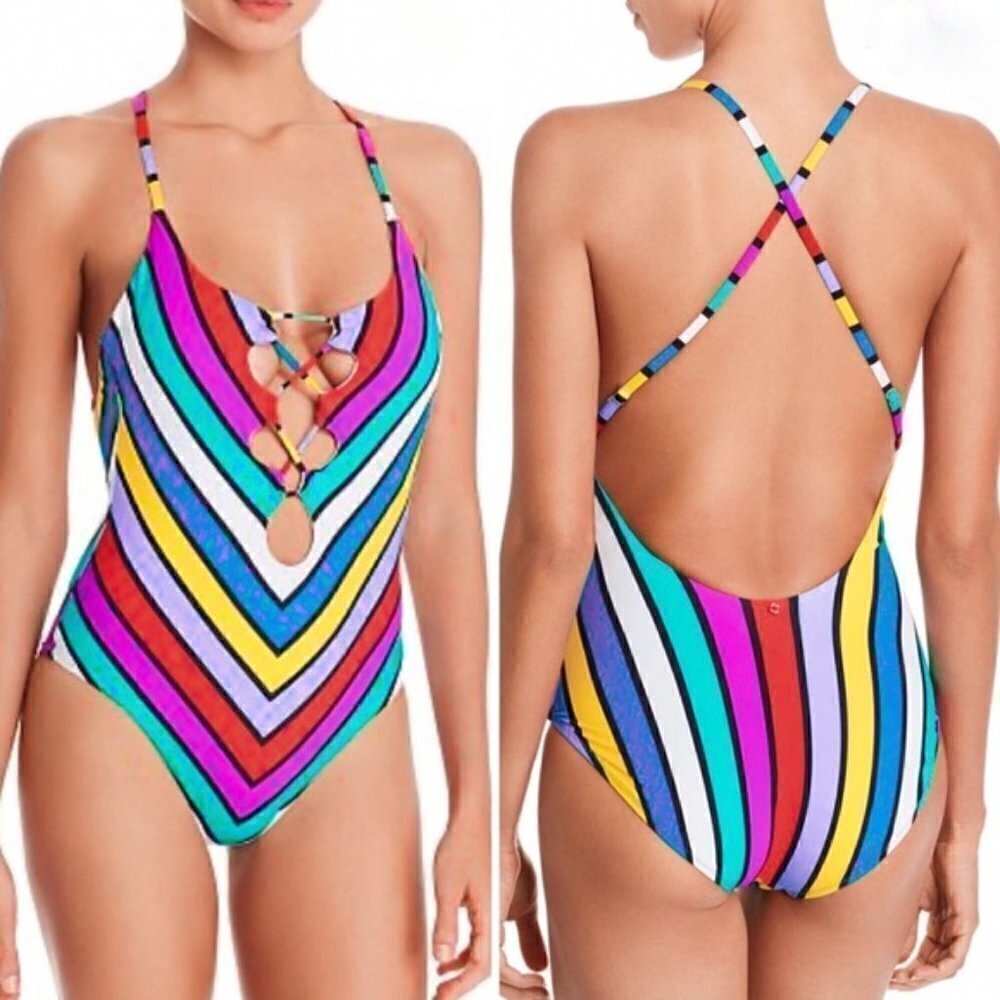 New With Tag Red Carter Striped Keyhole One-Piece Swimsuit NWT Size 8 US/Medium